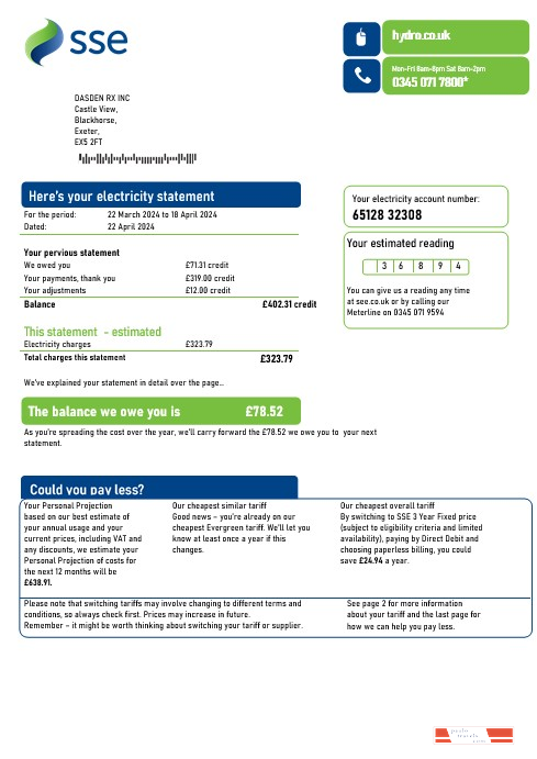 United Kingdom SSE Energy business utility bill template in Word and PDF formats, version 3